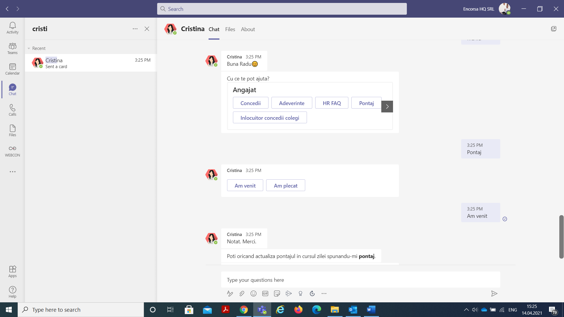 Chatbot automatizare pontaj