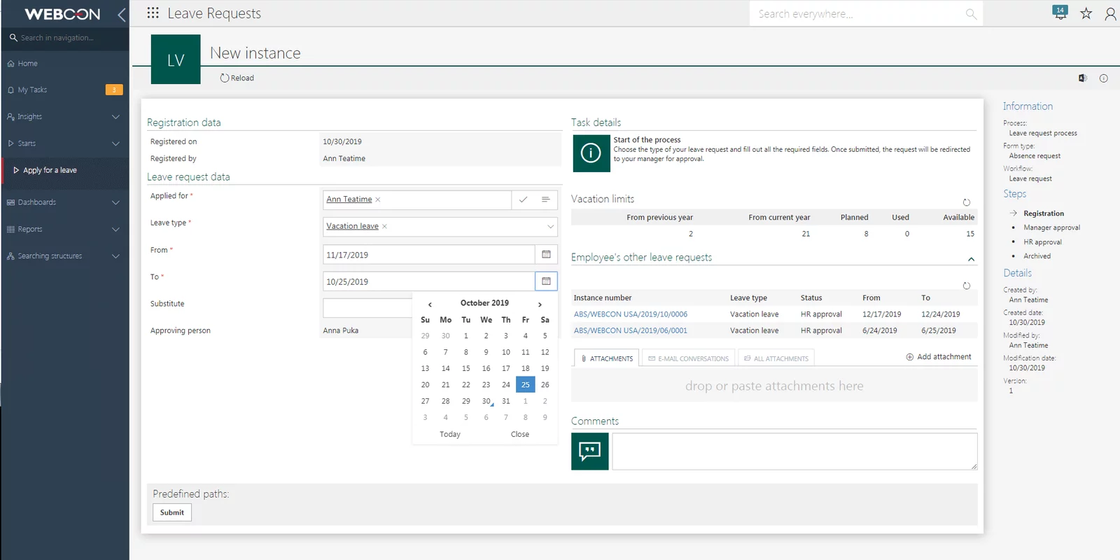 new instance leave request workflow in webcon bps