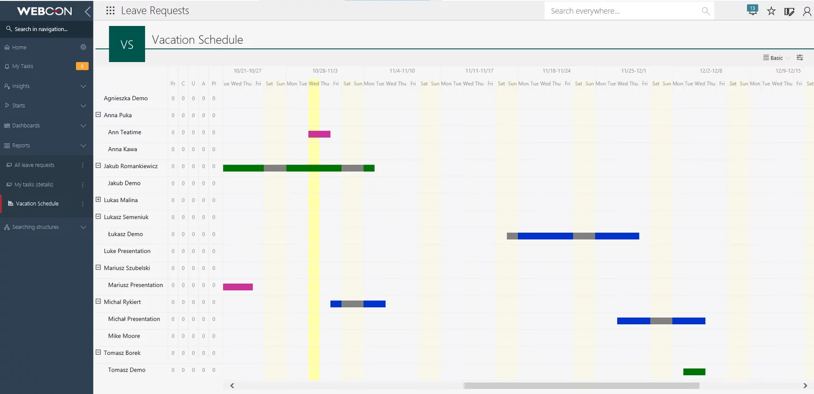 vacation schedule leave request workflow in webcon bps
